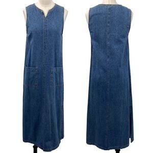 Vintage 90s Denim A Line Maxi Dress Sleeveless V Neck Pockets Cotton Blue Jean